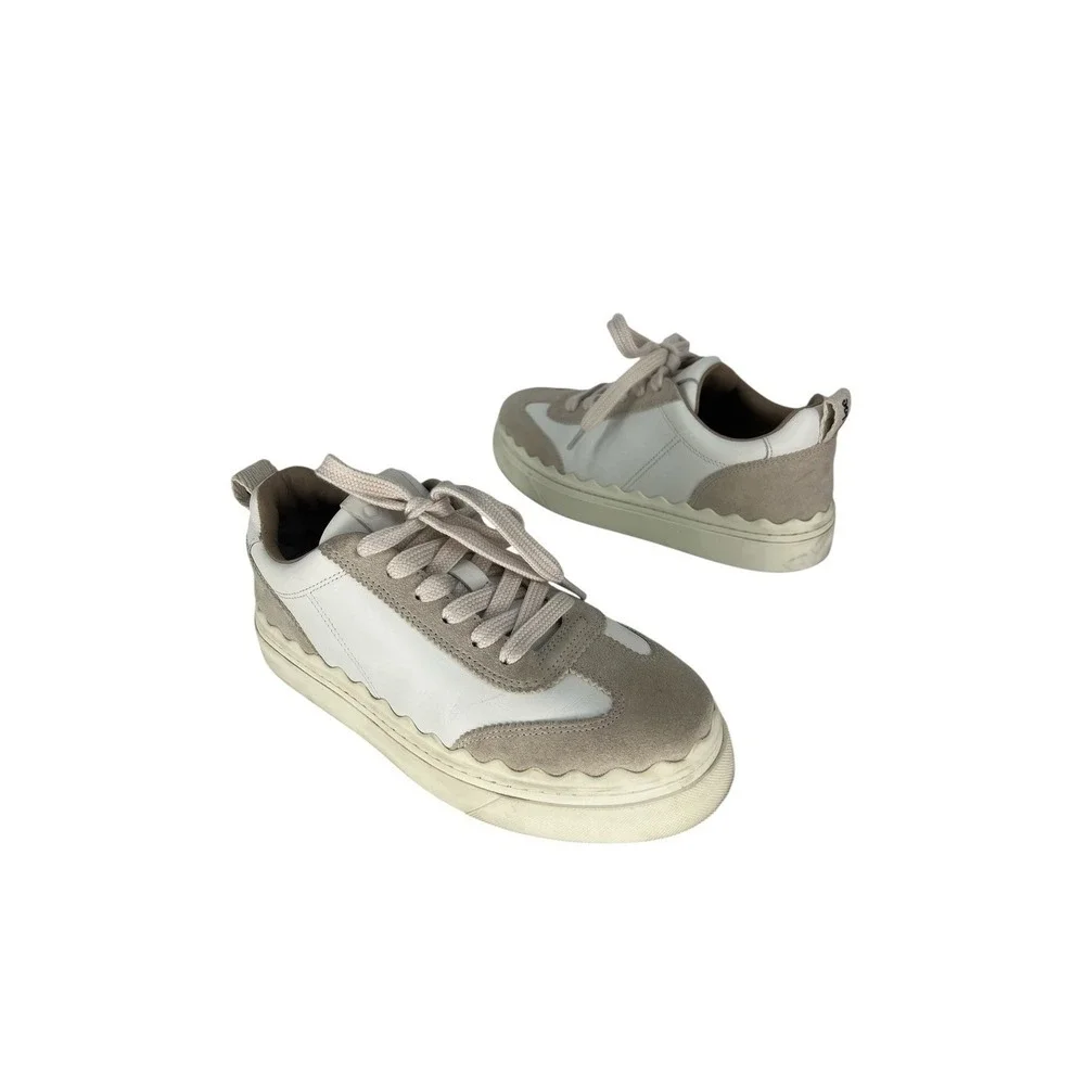 Chloé Lauren Leather Suede‎ Platform Sneakers White Beige 37